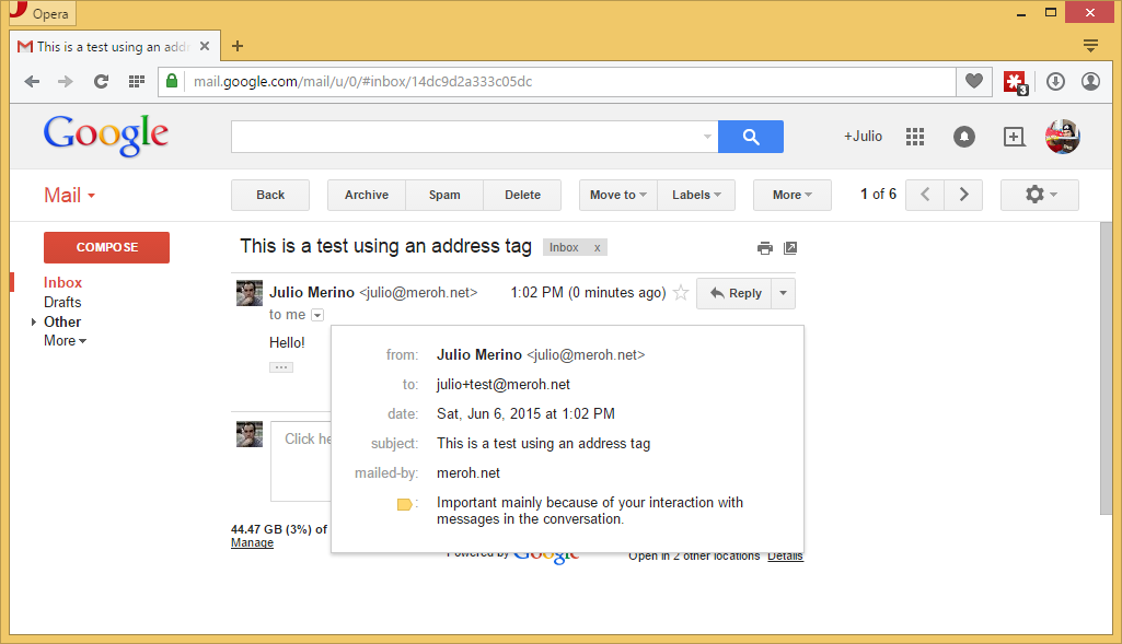GMail plus addressing in action